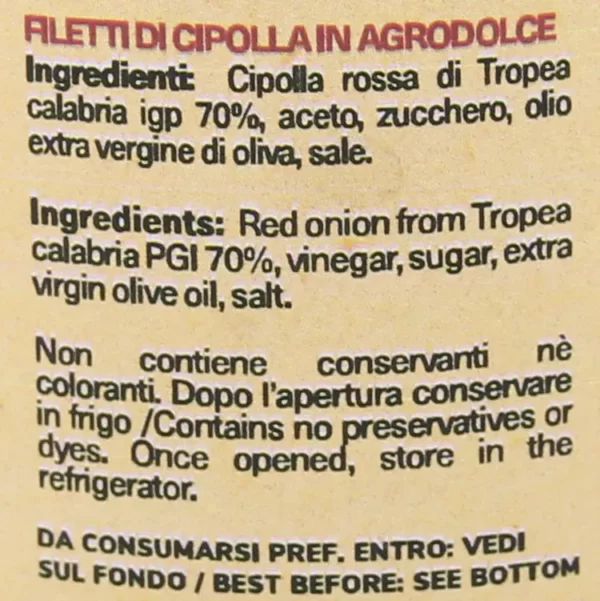 Etichetta Filetti di cipolla rossa di Tropea IGP Ingredienti