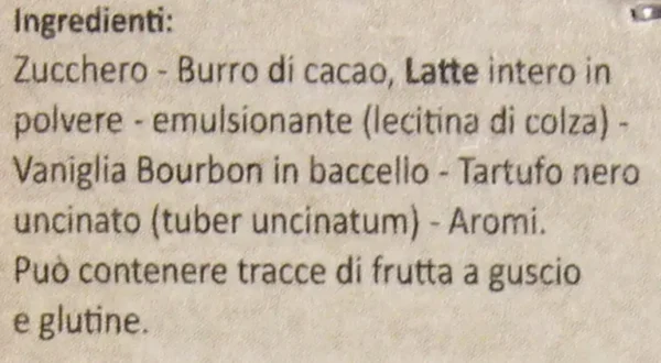 Etichetta Cioccolatini bianchi al tartufo Ingredienti