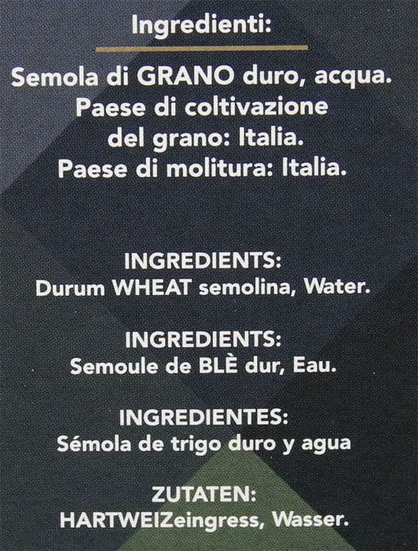 Etichetta Tagliatelle di Gragnano IGP Ingredienti