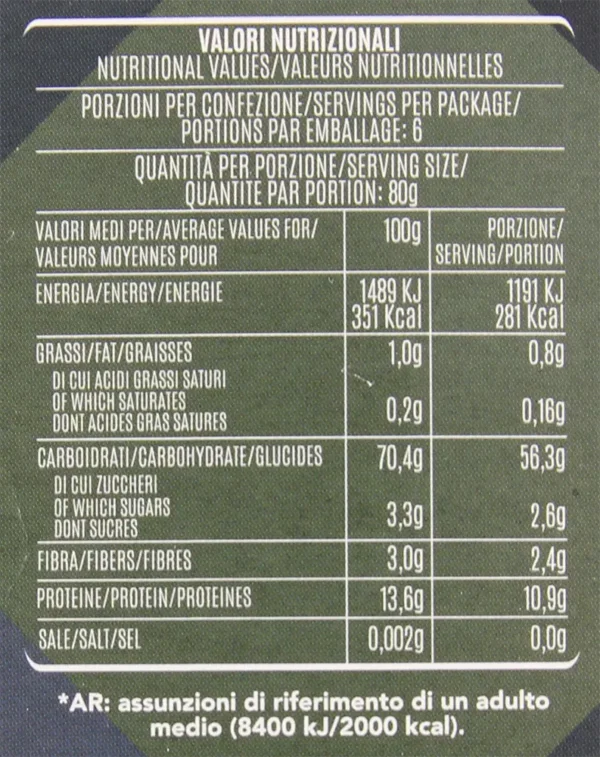 Etichetta Tagliatelle di Gragnano IGP Valori Nutrizionali