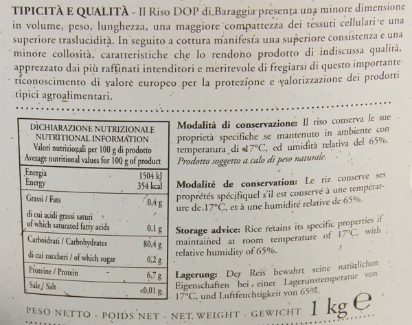 Etichetta Riso carnaroli di Baraggia Biellese e Vercellese DOP: Valori nutrizionali