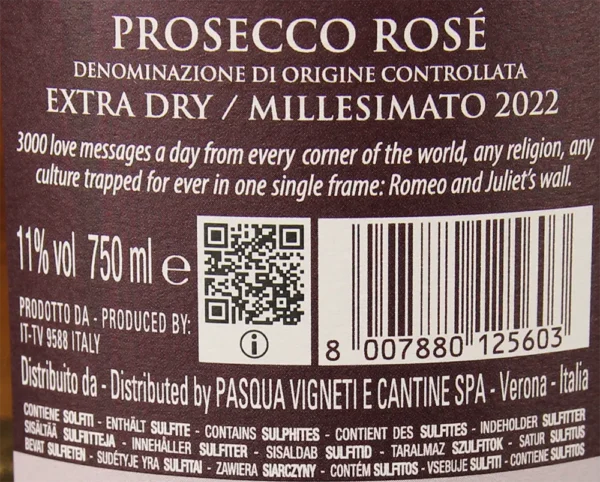 Etichetta Prosecco Rosé spumante Extra Dry D.O.C. Millesimato